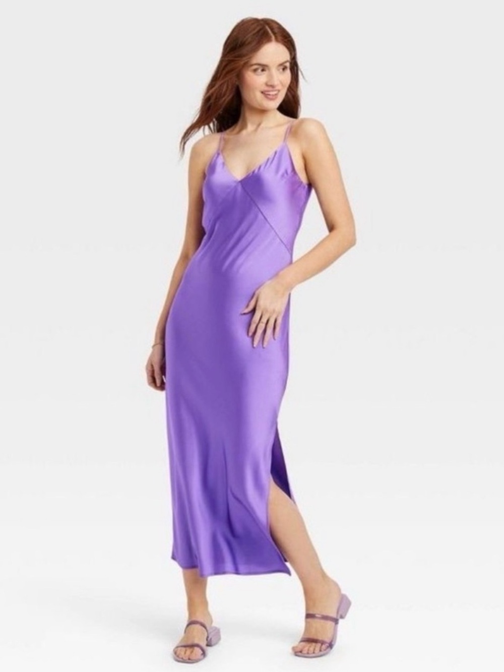 A New Day Purple Satin V-Neck Slip Maxi Dress S